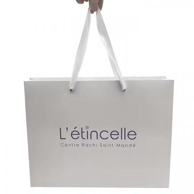 Matt Finish White Paper Shopping Bag With Grosgrain Ribbon Handle