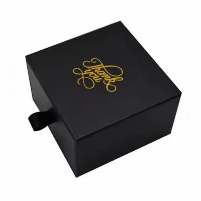 Matte Black Cardboard Drawer Box Gold Stamping Gift Box With Ribbon